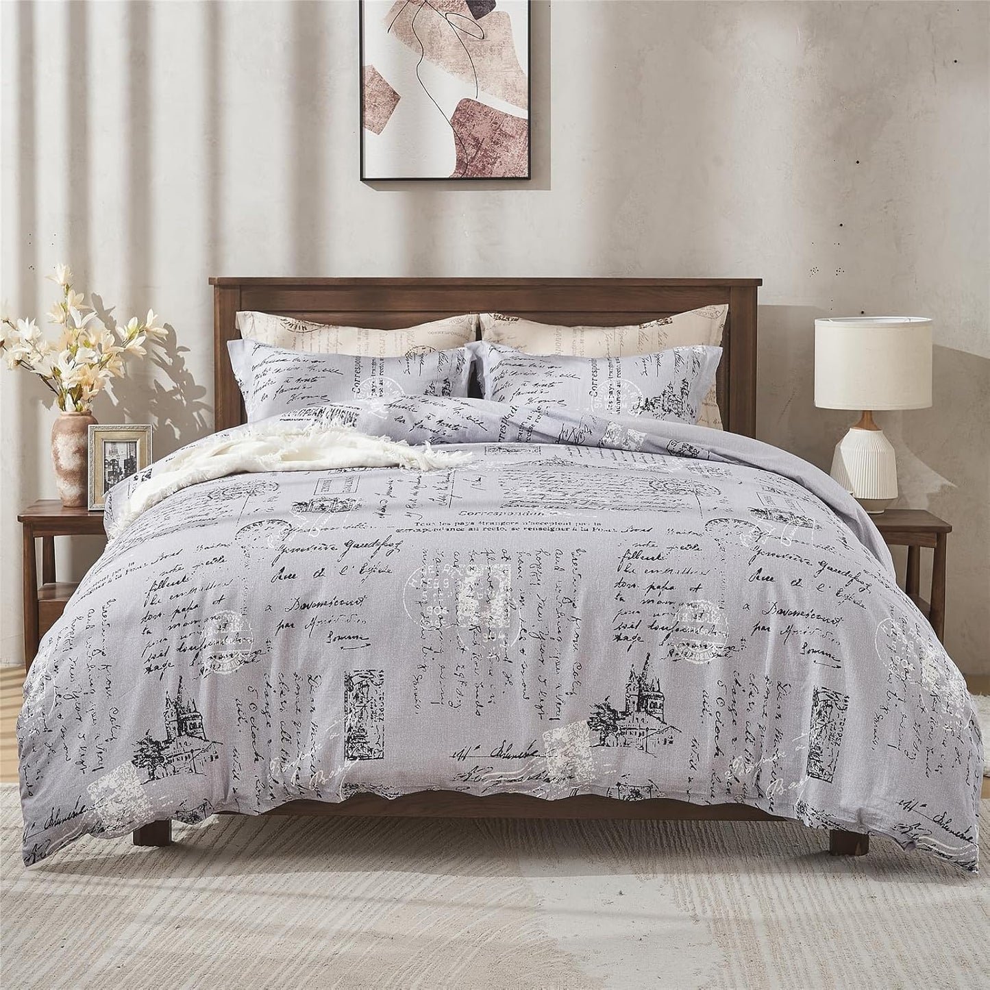 55% Linen + 45% Cotton Duvet Cover Set - Landscape Printed Pattern